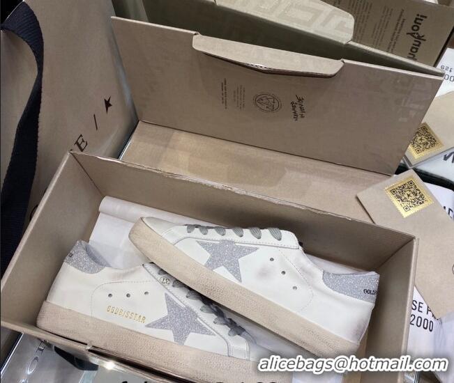 Pretty Style Golden Goose GGDB Super-Star Sneakers in White Calfskin with Silver Glitter 328139