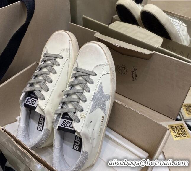 Pretty Style Golden Goose GGDB Super-Star Sneakers in White Calfskin with Silver Glitter 328139