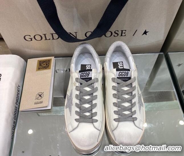 Pretty Style Golden Goose GGDB Super-Star Sneakers in White Calfskin with Silver Glitter 328139