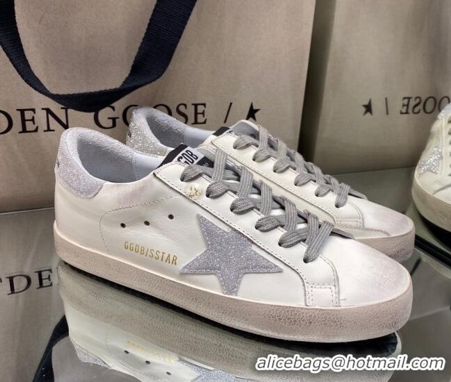 Pretty Style Golden Goose GGDB Super-Star Sneakers in White Calfskin with Silver Glitter 328139