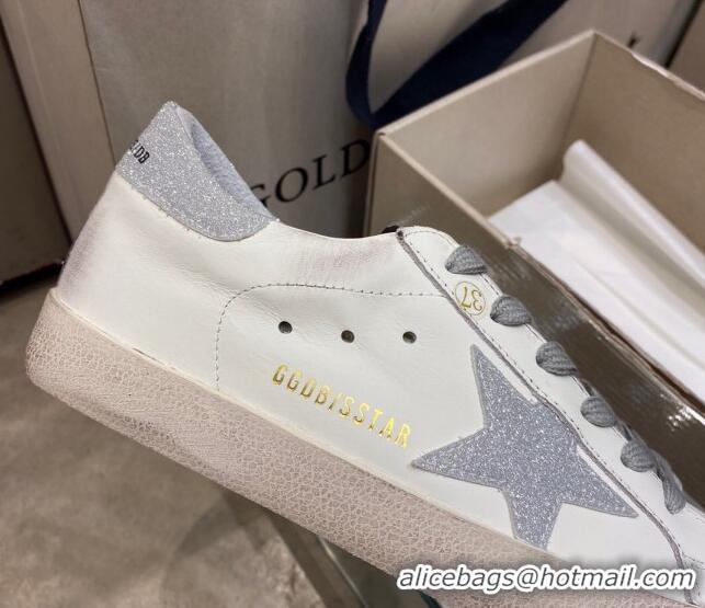 Pretty Style Golden Goose GGDB Super-Star Sneakers in White Calfskin with Silver Glitter 328139