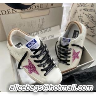 Stylish Golden Goose GGDB Super-Star Sneakers in White Leather and Purple Glitter Star 328143