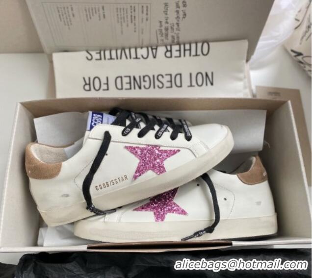 Stylish Golden Goose GGDB Super-Star Sneakers in White Leather and Purple Glitter Star 328143