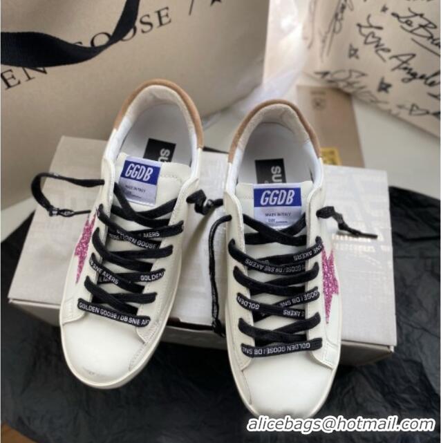 Stylish Golden Goose GGDB Super-Star Sneakers in White Leather and Purple Glitter Star 328143