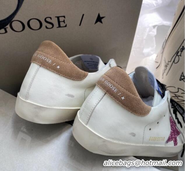 Stylish Golden Goose GGDB Super-Star Sneakers in White Leather and Purple Glitter Star 328143