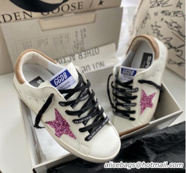 Stylish Golden Goose GGDB Super-Star Sneakers in White Leather and Purple Glitter Star 328143