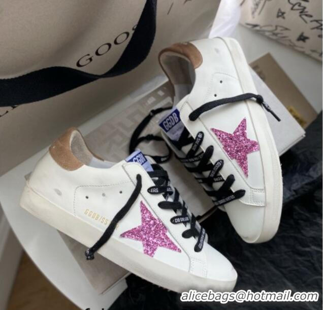 Stylish Golden Goose GGDB Super-Star Sneakers in White Leather and Purple Glitter Star 328143