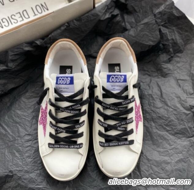 Stylish Golden Goose GGDB Super-Star Sneakers in White Leather and Purple Glitter Star 328143