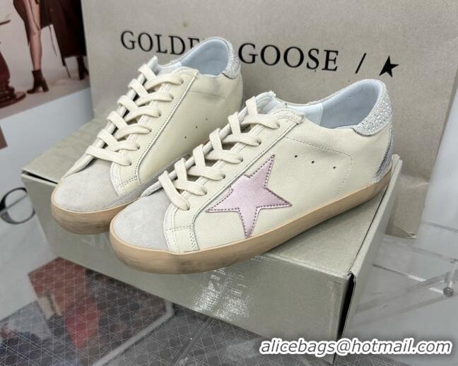 Pretty Style Golden Goose GGDB Super-Star Sneakers in Calfskin with Crystals Tab White/Pink 328145