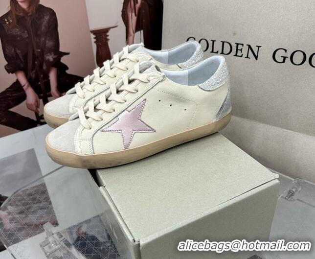 Pretty Style Golden Goose GGDB Super-Star Sneakers in Calfskin with Crystals Tab White/Pink 328145