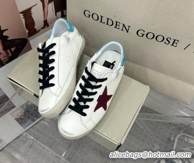 Buy Luxury Golden Goose GGDB Super-Star Sneakers in White Calfskin with Green Glitter Tab 328146