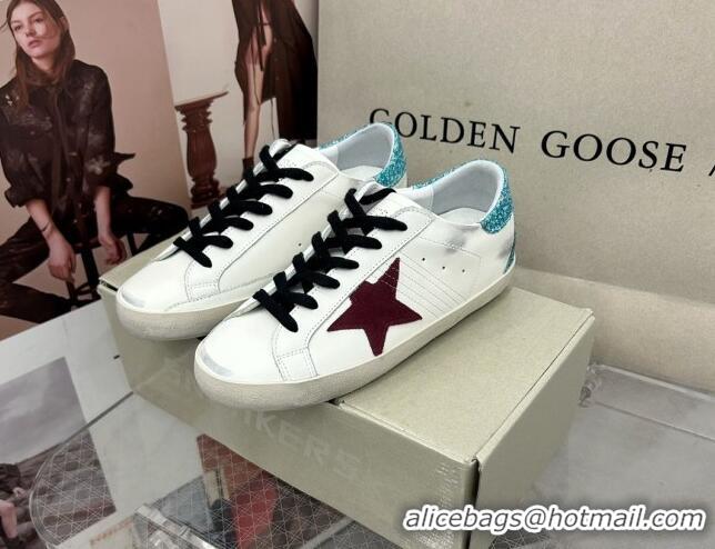 Buy Luxury Golden Goose GGDB Super-Star Sneakers in White Calfskin with Green Glitter Tab 328146