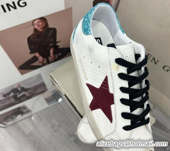 Buy Luxury Golden Goose GGDB Super-Star Sneakers in White Calfskin with Green Glitter Tab 328146