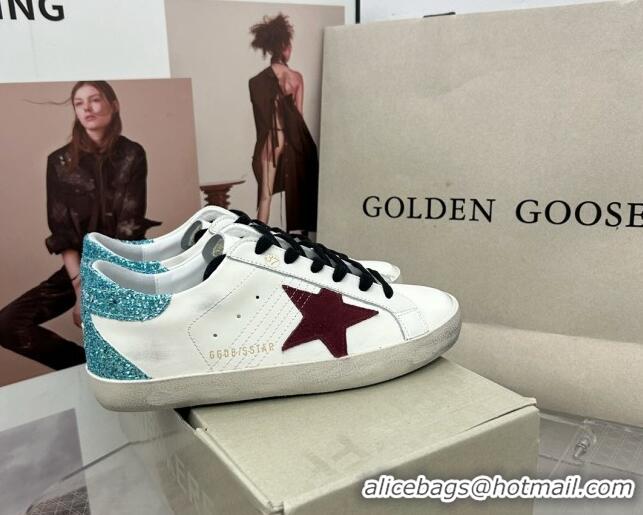 Buy Luxury Golden Goose GGDB Super-Star Sneakers in White Calfskin with Green Glitter Tab 328146