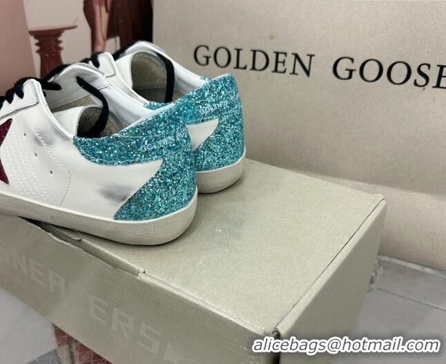 Buy Luxury Golden Goose GGDB Super-Star Sneakers in White Calfskin with Green Glitter Tab 328146