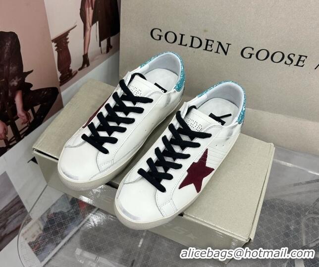 Buy Luxury Golden Goose GGDB Super-Star Sneakers in White Calfskin with Green Glitter Tab 328146