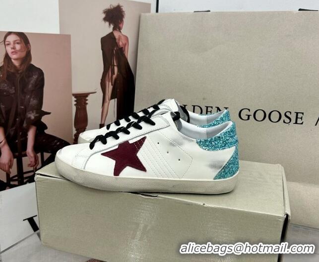 Buy Luxury Golden Goose GGDB Super-Star Sneakers in White Calfskin with Green Glitter Tab 328146