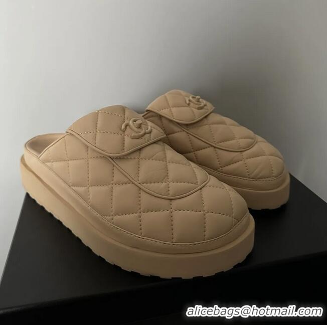 ​Top Grade Chanel Quilted Leather Platform Round Toe Slipper CH8750 Beige