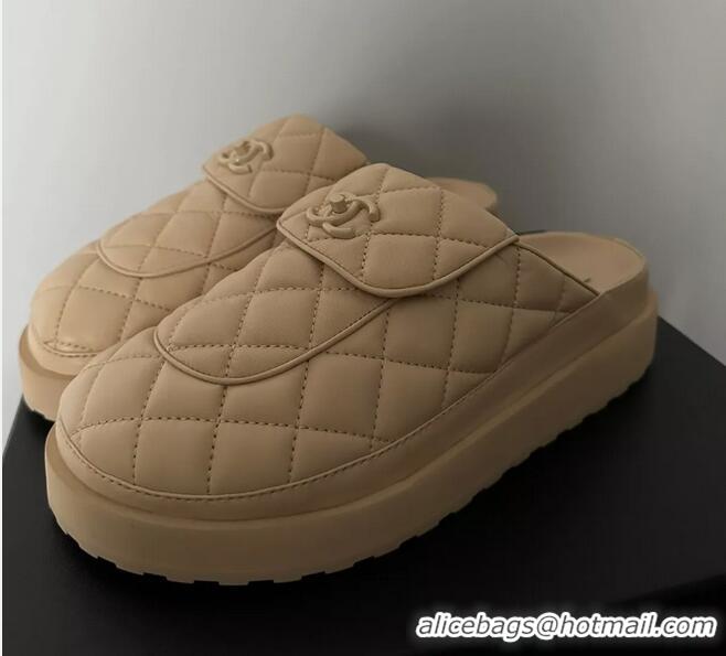 ​Top Grade Chanel Quilted Leather Platform Round Toe Slipper CH8750 Beige