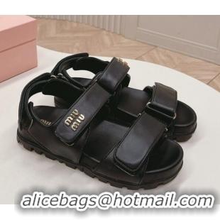 Pretty Style Miu Miu Nappa Leather Strap Flat Sandals Black 327058