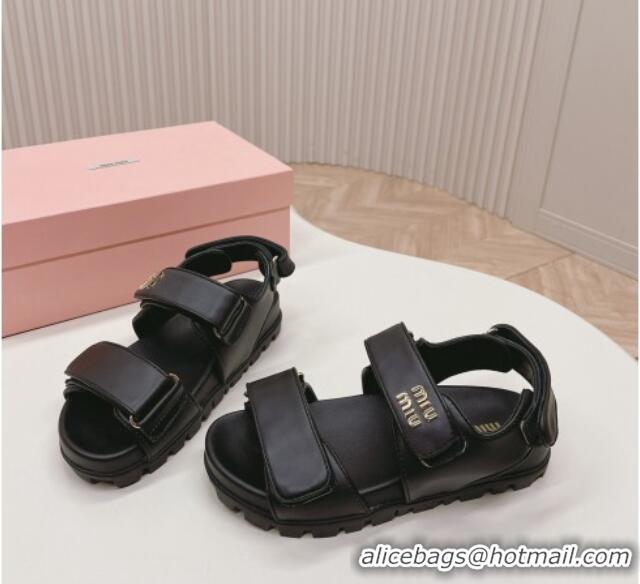 Pretty Style Miu Miu Nappa Leather Strap Flat Sandals Black 327058