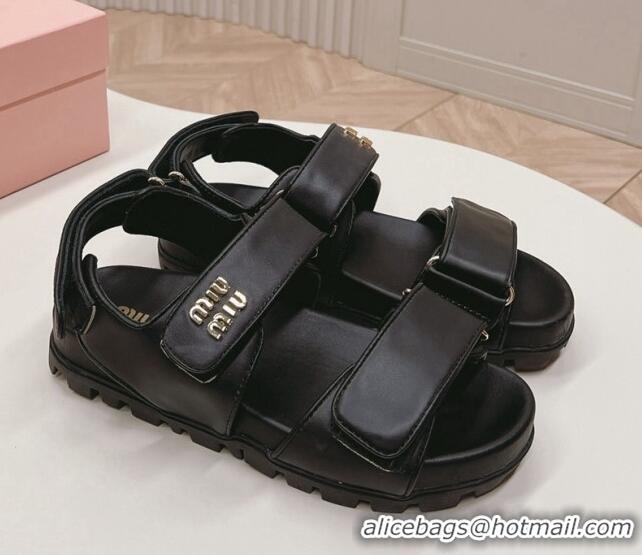 Pretty Style Miu Miu Nappa Leather Strap Flat Sandals Black 327058