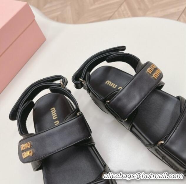 Pretty Style Miu Miu Nappa Leather Strap Flat Sandals Black 327058