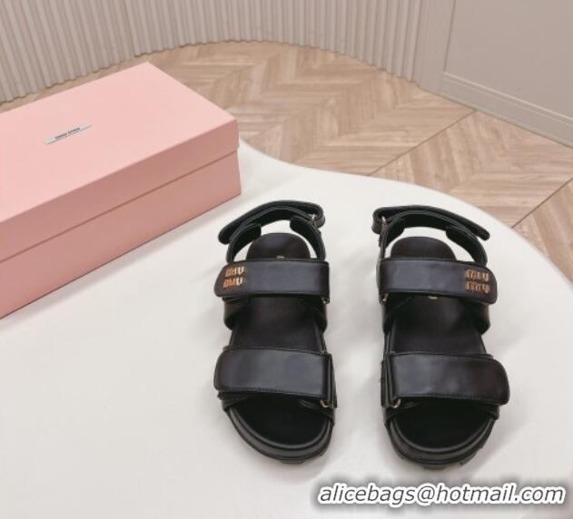 Pretty Style Miu Miu Nappa Leather Strap Flat Sandals Black 327058