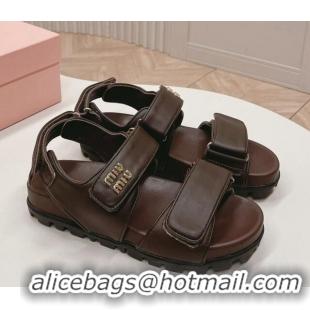 Shop Duplicate Miu Miu Nappa Leather Strap Flat Sandals Brown 327060