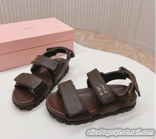 Shop Duplicate Miu Miu Nappa Leather Strap Flat Sandals Brown 327060