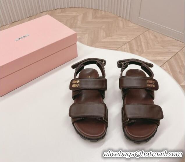 Shop Duplicate Miu Miu Nappa Leather Strap Flat Sandals Brown 327060