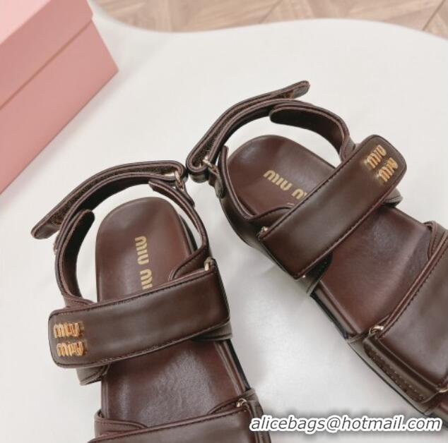 Shop Duplicate Miu Miu Nappa Leather Strap Flat Sandals Brown 327060