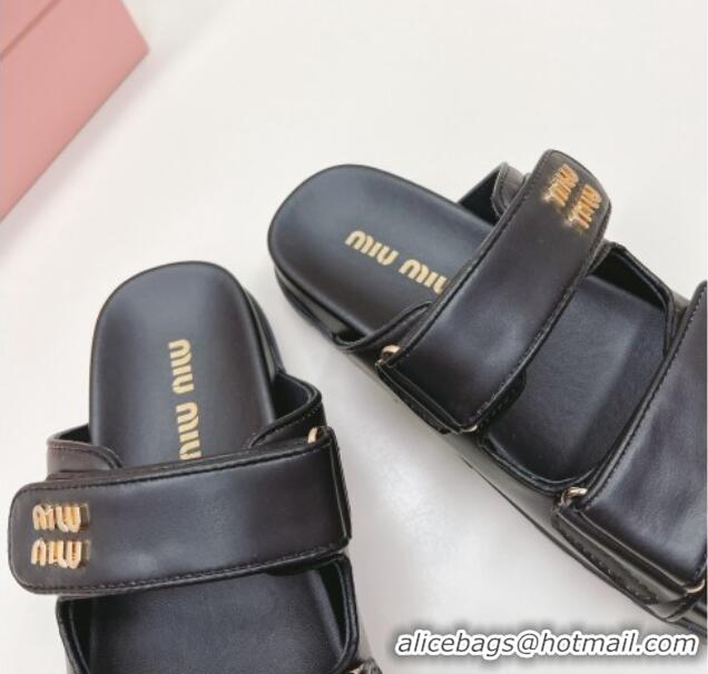 Sumptuous Miu Miu Nappa Leather Strap Flat Slide Sandals Black 327061