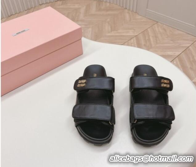 Sumptuous Miu Miu Nappa Leather Strap Flat Slide Sandals Black 327061