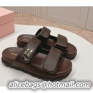 Best Product Miu Miu Nappa Leather Strap Flat Slide Sandals Brown 327062