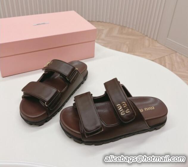 Best Product Miu Miu Nappa Leather Strap Flat Slide Sandals Brown 327062