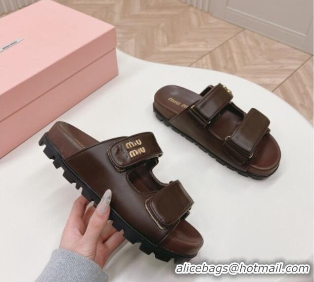 Best Product Miu Miu Nappa Leather Strap Flat Slide Sandals Brown 327062