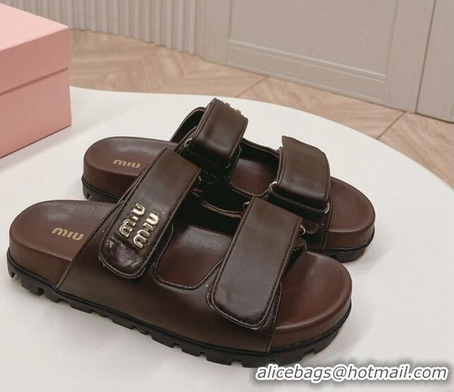 Best Product Miu Miu Nappa Leather Strap Flat Slide Sandals Brown 327062