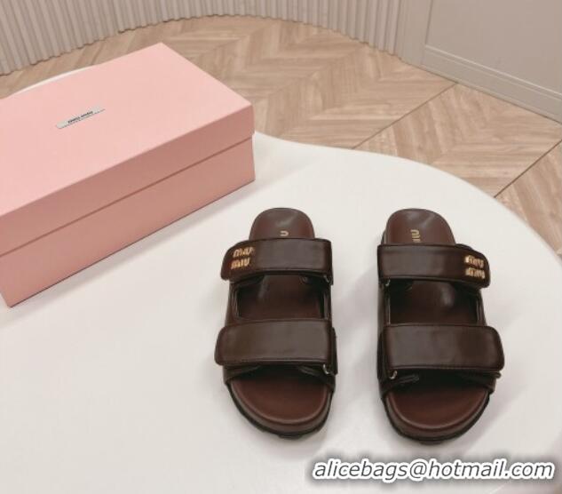 Best Product Miu Miu Nappa Leather Strap Flat Slide Sandals Brown 327062