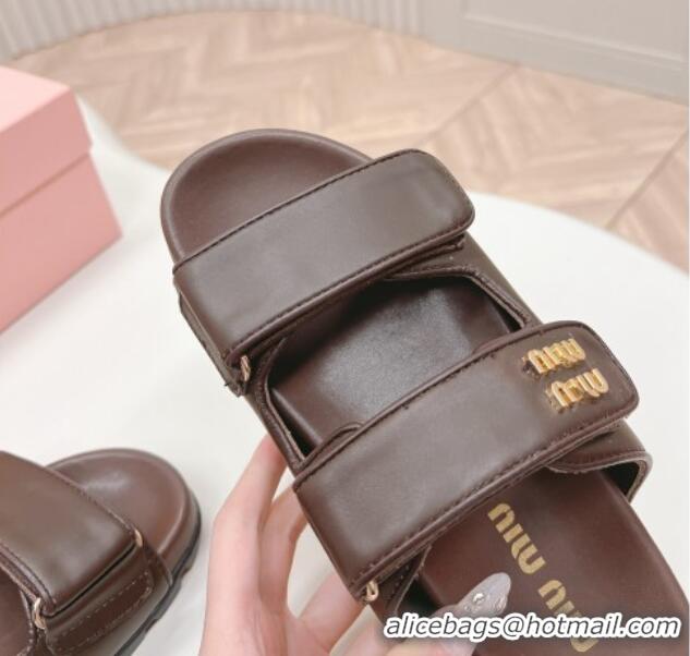 Best Product Miu Miu Nappa Leather Strap Flat Slide Sandals Brown 327062