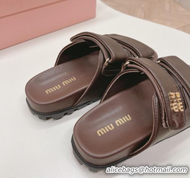 Best Product Miu Miu Nappa Leather Strap Flat Slide Sandals Brown 327062