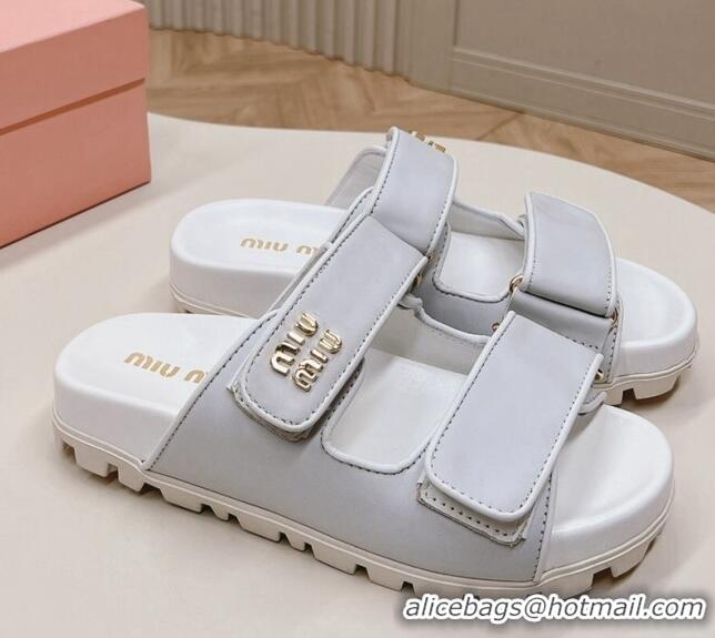 Popular Style Miu Miu Nappa Leather Strap Flat Slide Sandals White 327063