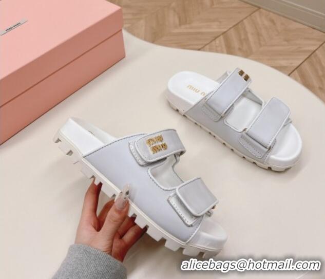 Popular Style Miu Miu Nappa Leather Strap Flat Slide Sandals White 327063