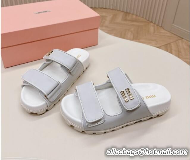 Popular Style Miu Miu Nappa Leather Strap Flat Slide Sandals White 327063