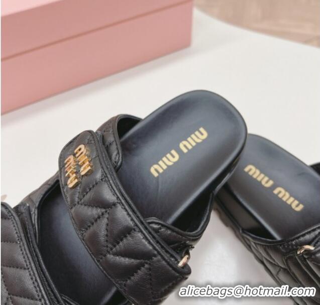 Good Quality Miu Miu Nappa Leather Strap Flat Slide Sandals Black 327064