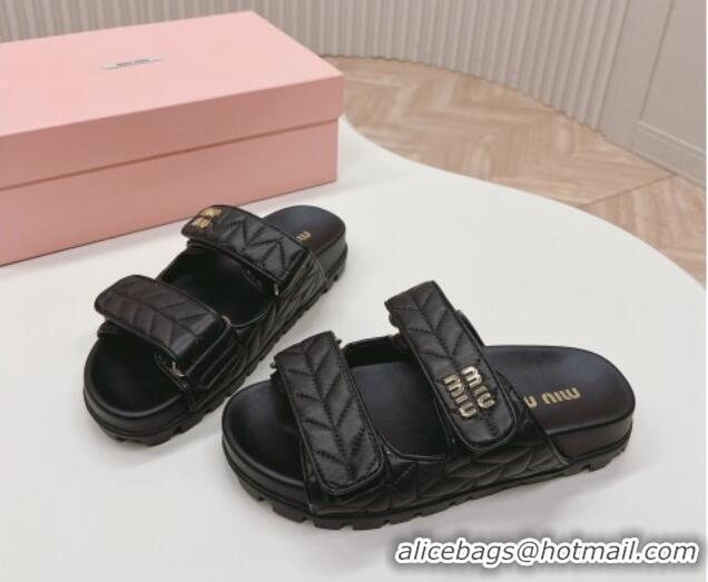 Good Quality Miu Miu Nappa Leather Strap Flat Slide Sandals Black 327064