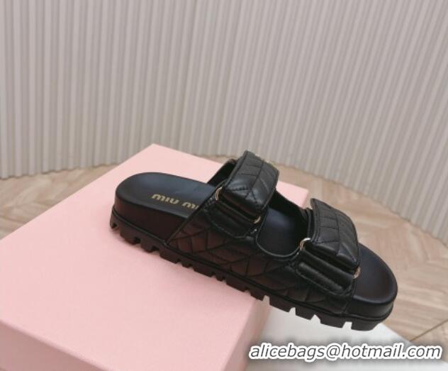 Good Quality Miu Miu Nappa Leather Strap Flat Slide Sandals Black 327064