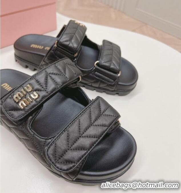 Good Quality Miu Miu Nappa Leather Strap Flat Slide Sandals Black 327064