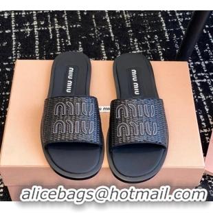 Best Grade Miu Miu Raffia-effect woven fabric slides sandals Black 032706