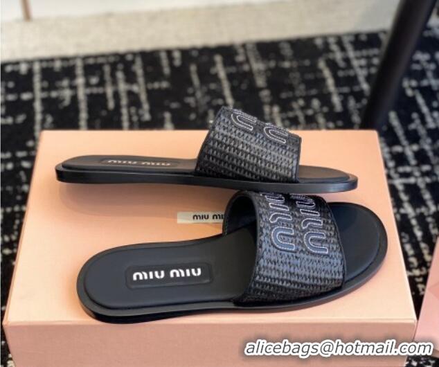 Best Grade Miu Miu Raffia-effect woven fabric slides sandals Black 032706